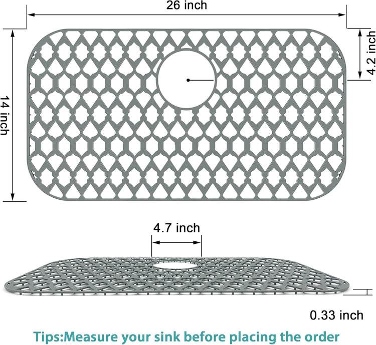 Sink Protectors for Bottom of Kitchen Sink 13x11 &16x12 &19x14 &21x16 &22x13 &24x13 &28x14 &30x16, Large Farmhouse Silicone Mats Grid (26”x14”, Rear Drain)