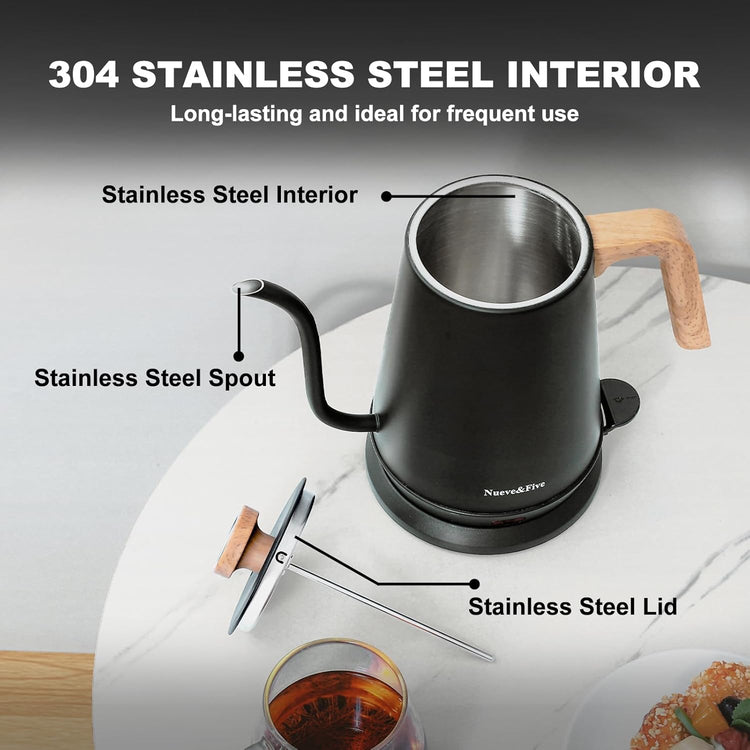 Nueve&Five Gooseneck Electric Kettle with Thermometer, Black Electric Kettle 1L with Auto Shut-Off,1000W Hot Water Kettle of Stainless Steel, Pour Over Kettle for Coffee & Tea