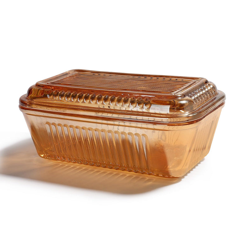 Wide Vintage Country Amber Glass Butter Dish with Lid
