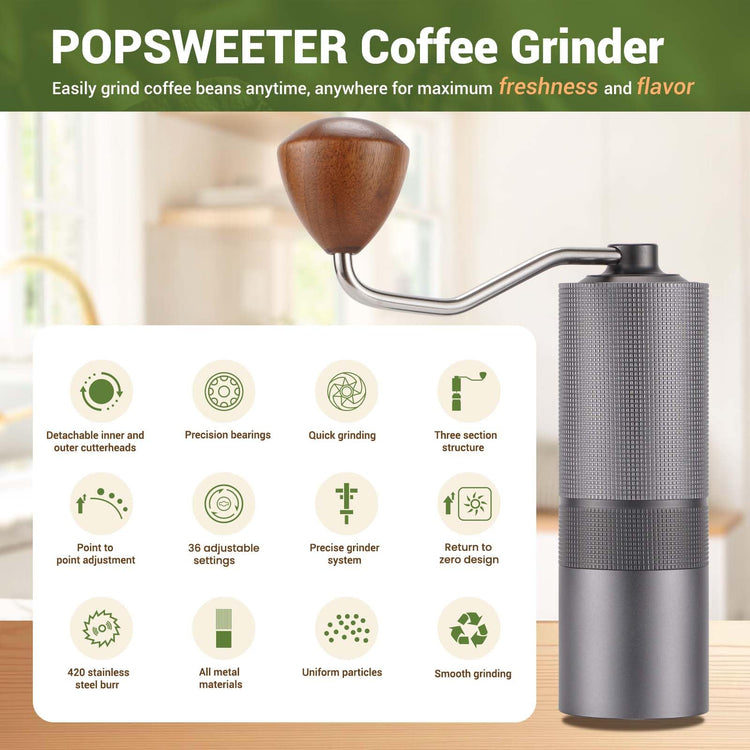 Popsweet C38 Manual Coffee Grinder With Detachable Stainless Steel Tapered Outer Burrs