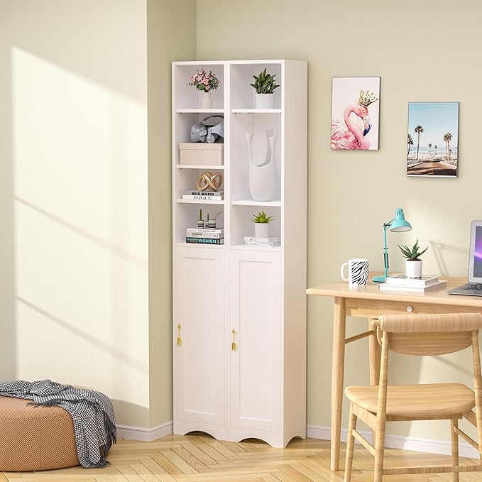 VECELO Narrow Tall Storage Cabinet, Modern Multi-Purpose Bookshelf with Adjustable Shelves & Closed Door, for Kitchen, Living Room, Bathroom, Bedroom, White