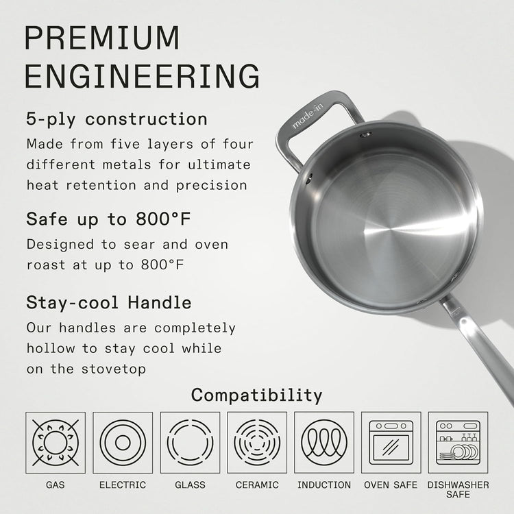 Made In Cookware - 4 Quart Stainless Steel Saucepan with Lid - 5 Ply Stainless Clad Sauce Pan - Professional Cookware - Crafted in Italy - Induction Compatible - Nestoria