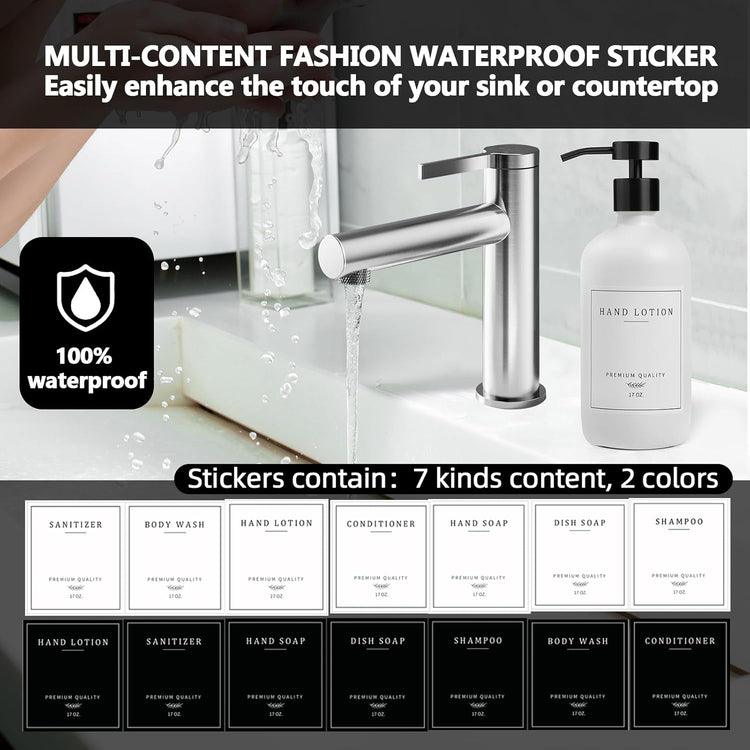 Kitchen Soap Dispenser - Hand and Dish Soap Dispenser Set, Bathroom Glass Soap and Lotion Dispenser with Pump, Tray, 14 Waterproof Labels, Set of 2 White Bottle/Black Pump-pd