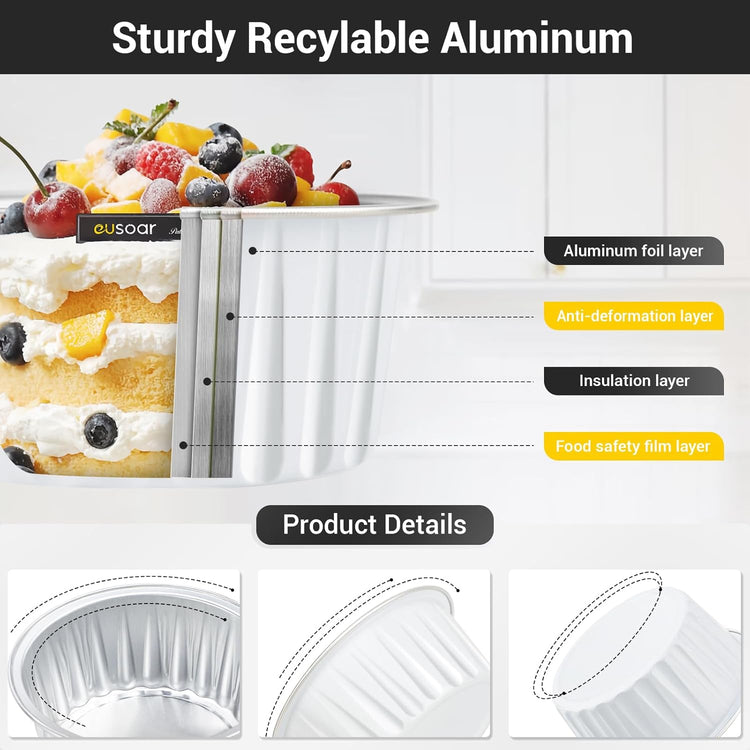 EUSOAR Aluminum Baking Cups, 60pcs 5oz Disposable Mini Foil Cupcake Liners Ramekins Cups with Lids for Baking, Aluminum Dessert Cheesecake Creme Brulee Cups Pan Containers for Oven-White