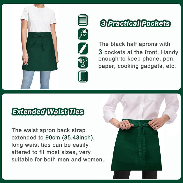 4 Pack Short Server Waitress Chef Apron, Green Waist Aprons with 3 Pockets for Women Men, Half Apron for Waiter Cooking Dishwashing Cleaning Painting Gardening Barbecue (Polycotton - Green)