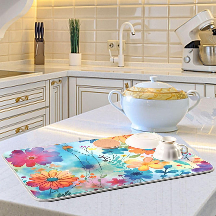 Colorful Flowers Blue Dish Drying Mat for Kitchen Counter Absorbent Microfiber Drying Pad