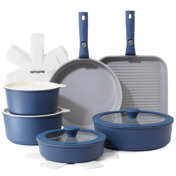 17 Piece Ceramic Detachable Handle Pots and Pans Set Navy