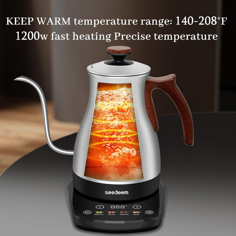 SEEDEEM Gooseneck Electric Kettle Full Touch Screen 1200W Electric Tea & Coffee Kettle with Four Heating Modes Rapid Heating,±1℉ Temperature Control,Keep Warm Mode,1L Electric kettle