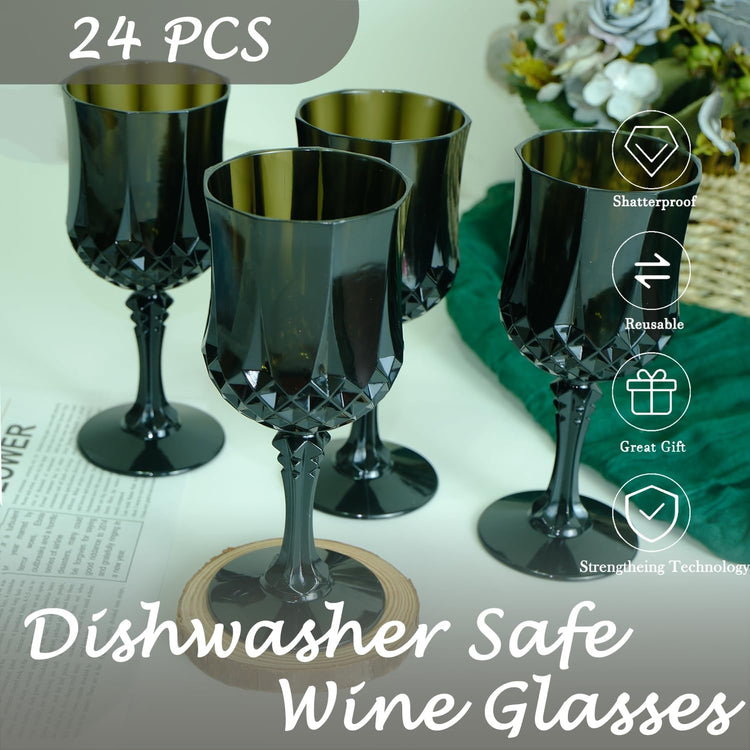 Plastic Wine Glasses,Plastic Goblets Vintage Style Cordial Drinking Glasses for Wedding Reception, Grand Event Party Supplies (24, Black)