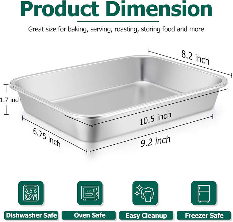 TeamFar Lasagna Pan, 10.6 x 8.3 x 1.7inch Stainless Steel Rectangular Cake Brownie Pan Casserole Baking Dish, Compact for Toaster Oven, Non Toxic & Healthy, Brushed Finish & Easy Clean-Dishwasher Safe