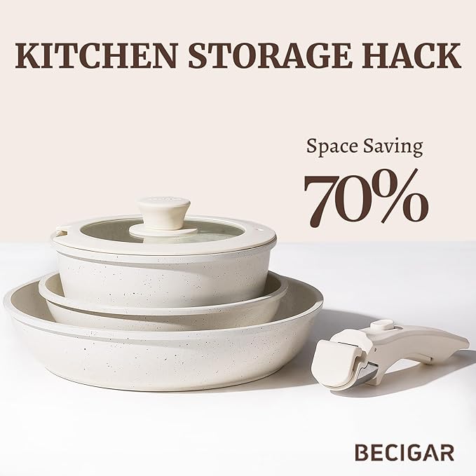 BECIGAR 8pcs Ceramic Pots and Pans Set, Non Stick Cookware Set, Detachable Handle Cookware, Induction Kitchen Cooking Set with Removable Handle,Oven Safe, Induction Fast, Stackable Cookware Set