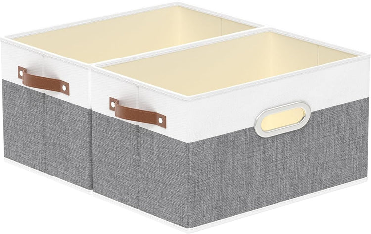 Yawinhe Fabric Storage Baskets, Foldable Closet Organizer for Shelves, Large Boxes with 3 Handles, Canvas Bins for Clothes, White/Grey, 12.99''Lx9.05''Wx7.87''H, 2-Pack
