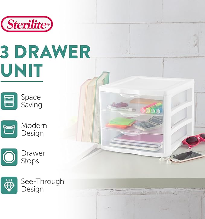 Sterilite ClearView Compact Stacking 3 Drawer Storage Organizer System for Crafting Supplies, Home Office, or Dorm Room, (16 Pack)