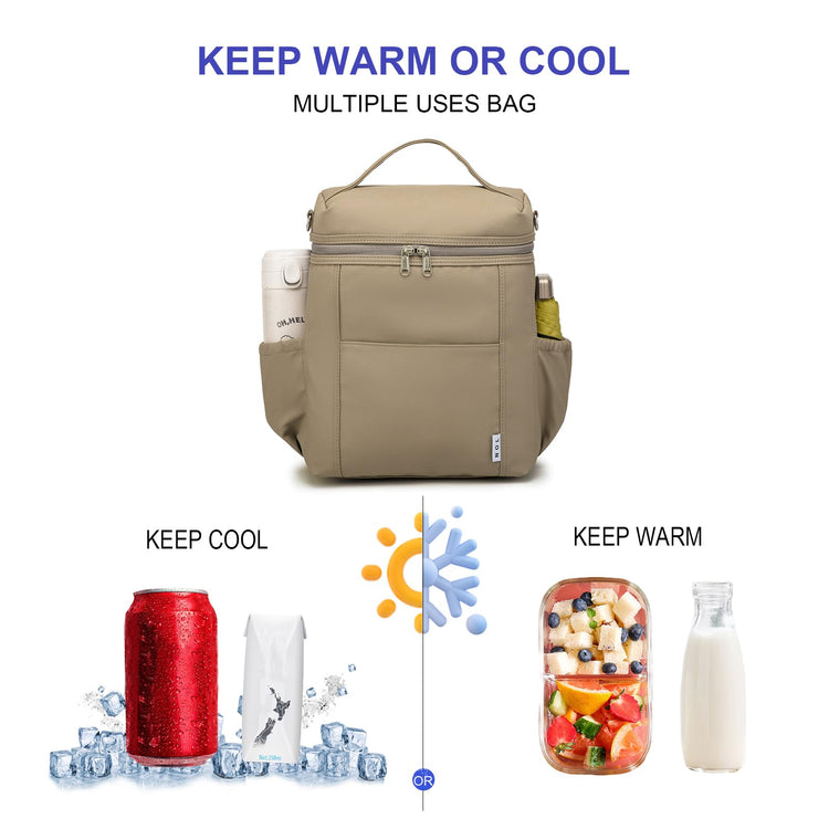 NOL Insulated Lunch Bags for Women Cooler Bag Lightweight Nylon Waterproof Lunch Box for Work Khaki Large 12L