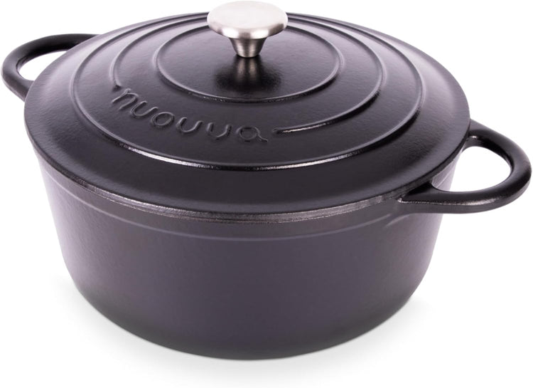 Nuovva Enamelled Cast Iron Dutch Oven Pot with Lid – 6.4 Quart Non Stick Casserole Pot – Heavy Duty & Oven Safe up to 500° F for Bread Baking, Braising, Stews, Roasting – 28cm Black - Nestoria