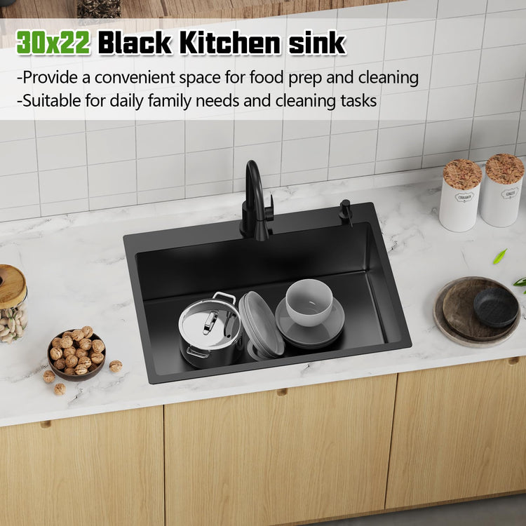 Black 30x22In Drop In Kitchen Sink