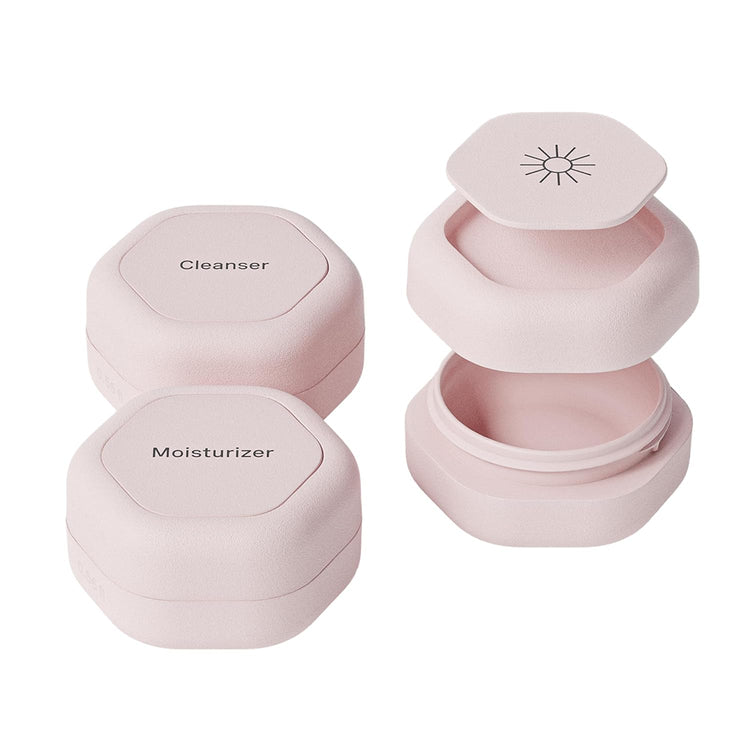 Cadence Travel Containers Basic Skincare Set - Magnetic Containers with Lids,Carry On Travel Essentials For Women/Men - 3 Small Capsules (0.56oz) - Cleanser, Moisturizer & Sun-Icon Labels - Petal