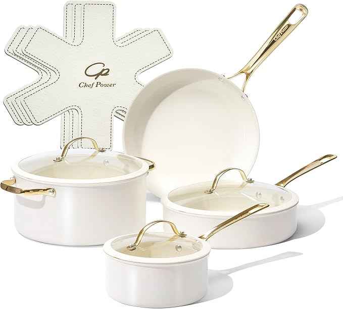 Chef Power Ceramic Cookware Sets, 10Pcs Pots and Pans Set Non Stick, Cookware Set with Stainless Steel Handle, Dishwasher & Oven Safe, Cream White and Light Gold Handle