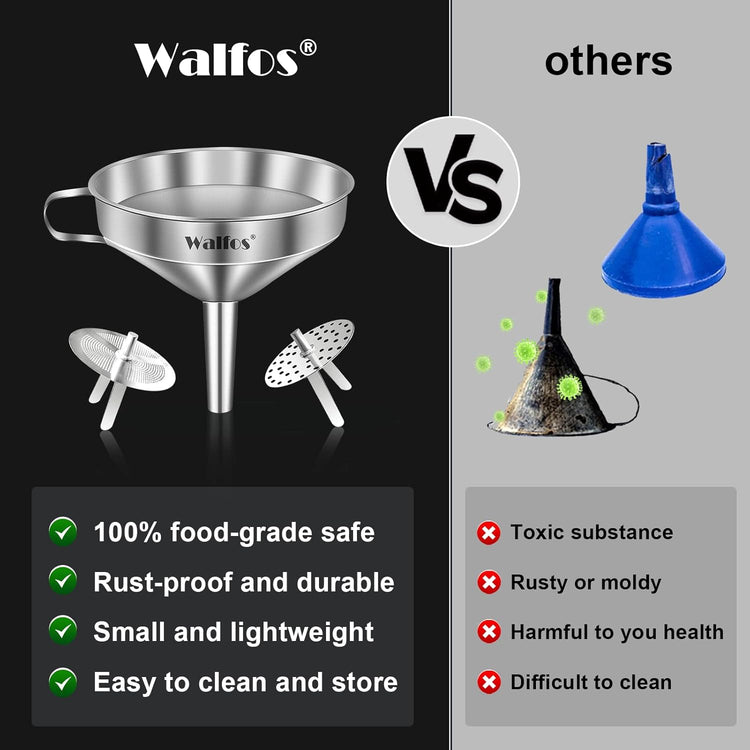 Stainless Steel Funnel, Walfos Kitchen Funnel with 2 Removable Strainer & 1Pc Cleaning Brush, Perfect for Transferring of Liquid, Oils, Jam, Dry Ingredients & Powder (4.1")