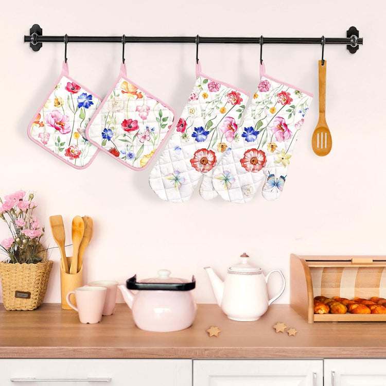 Wildflower Oven Mitts and Pot Holders Sets 4Pcs, 100% Cotton Heat Resistant, Extra Long Oven Gloves Potholder for Kitchen Cooking Baking Decoration