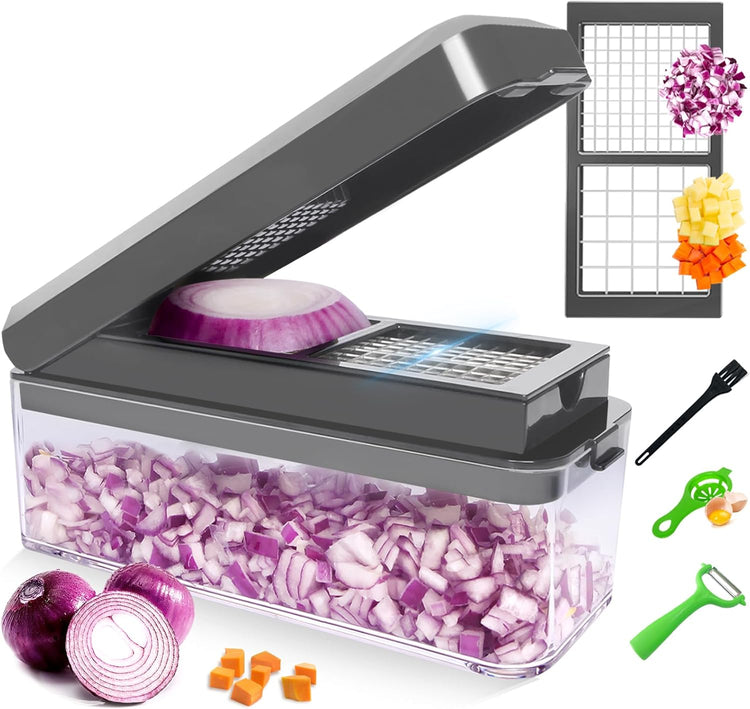 Vegetable Chopper, Onion Chopper Dicer, Mandoline Slicer with Container, Vegetable Cutter for Salad Potato Carrot Garlic(2 Blades, Grey)