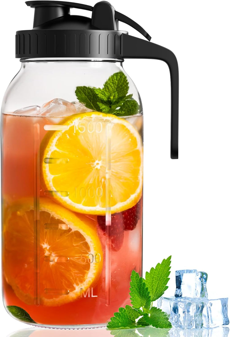 64 oz Mason Jar Pour Spout, 2 Quart Glass Water Pitcher with Lid, Airtight Seal for Great for Iced Tea,Juice,Milk,Coffee,Sun Lemonade, Set of 1(Black)