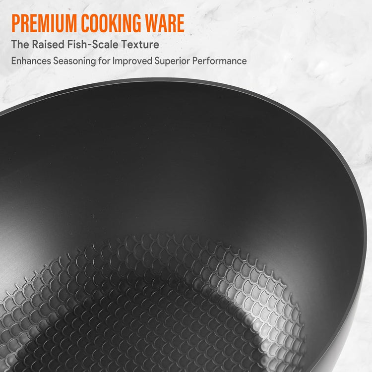 Carbon Steel Wok Pan, 10.5" Authentic Chinese Stir-Fry Pans Set with Glass Lid, 1.87lb Lightweight Flat Bottom Small Wok for 2-3 Servings
