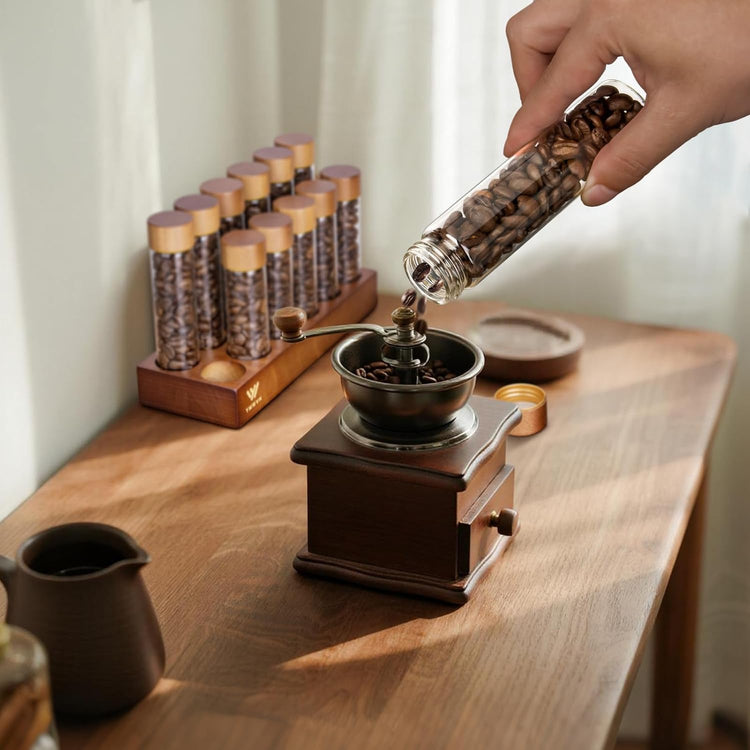 Single Dose Coffee Bean Storage Tubes with Wooden Base and Lids,Set Of 12 Dosing Glass Vials for Coffee Benn Container Cellars, Espresso Bean Canisters Set,6pc- 2 fl oz, 6pc-1.7 fl oz