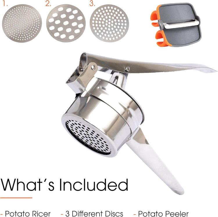 Potato Ricer with Stainless Steel Potato Peeler and 3 Interchangeable Discs | 15 oz Stainless Steel Potato Masher, Kitchen Gadget for Potatoes, Potato Ricer Kitchen Tool by Savver
