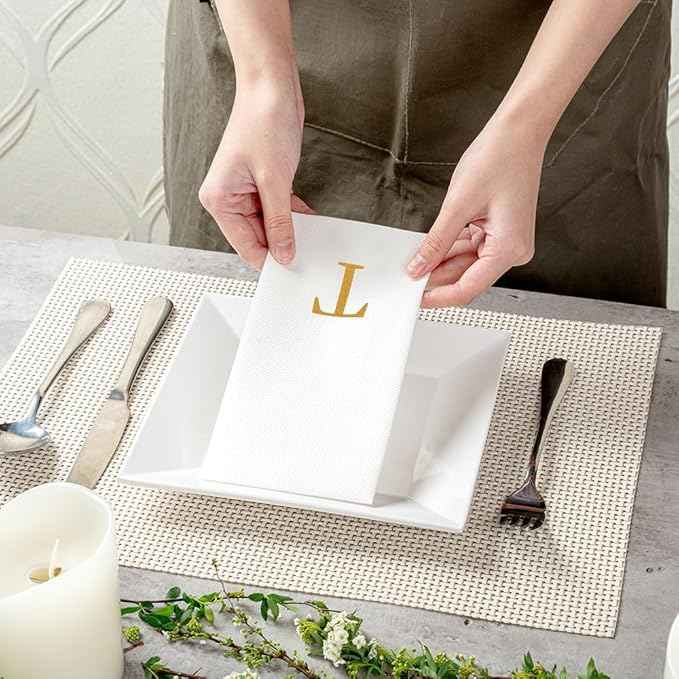 Luxenap 15.8 X 7.9 Inch Linen-Feel Guest Towels, 50 Lettered Hand Towels - Gold Letter 'T', Sans Serif Font, White Paper Dinner Napkins, airlaid, For Restrooms And Tables