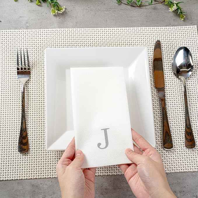 Luxenap 15.8 X 7.9 Inch Linen-Feel Guest Towels, 50 Lettered Hand Towels - Silver Letter 'J', Sans Serif Font, White Paper Dinner Napkins, airlaid, For Restrooms And Tables - Restaurantware
