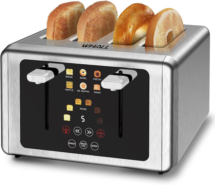 whall 4 Slice Touch Screen Toaster, Stainless Steel Toasters Digital Timer, Dual Control Panel Toasters,6 Shade Settings&6 Bread Types, Smart Wide Slots, Bagel, Cancel, Defrost,Flat lever Silver