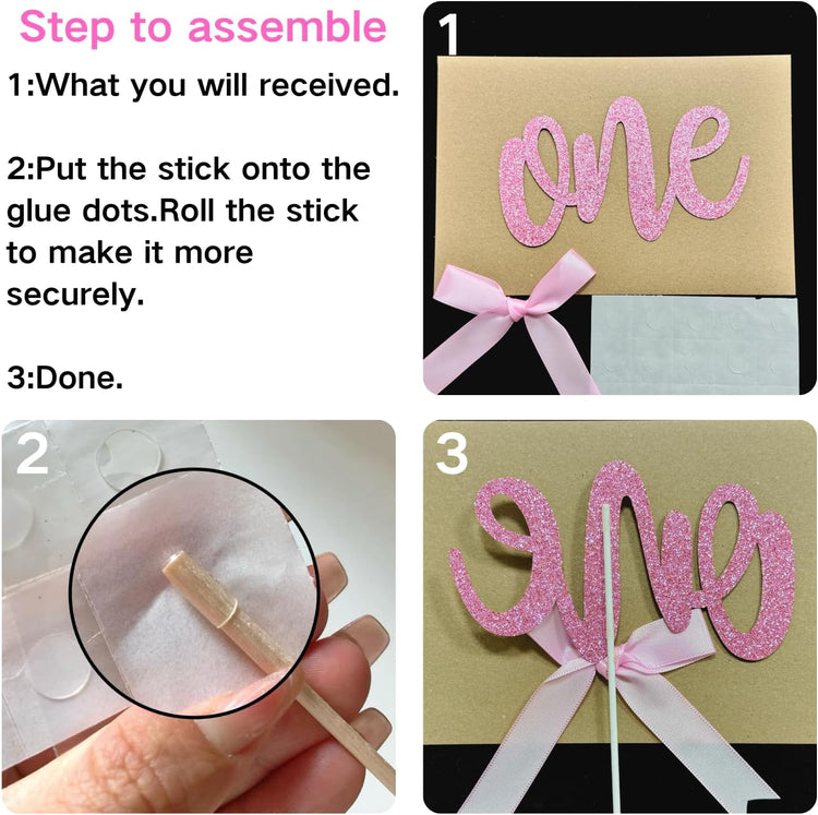 ALISSAR 1st Birthday Cake Topper with 8 Pink Bows – First Birthday Cake Decorations for Girls, Pink Bow, One Cake Topper for 1st Birthday Party