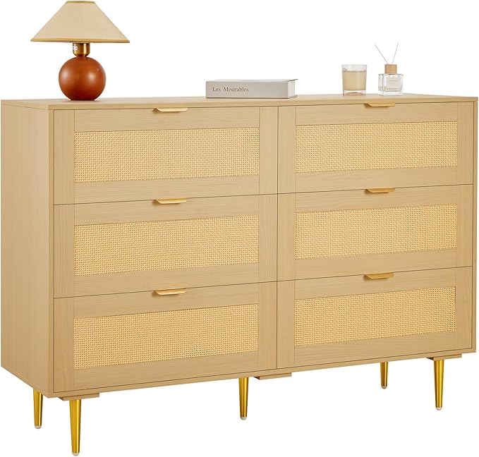 VEVOR Rattan Dresser 6 Drawer, 47.2'' Wide Boho Wood Dresser, Double Dresser Chest of Drawers with Golden Handles and Legs, TV Stand Dresser for Bedroom, Living Room, Entryway, Hallway, Natural Oak