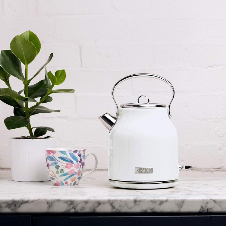 Haden Heritage 1.7 Liter Stainless Steel Electric Kettle, Hot Water Kettle with 360-Degree Base and Auto Shutoff, Ivory & Chrome
