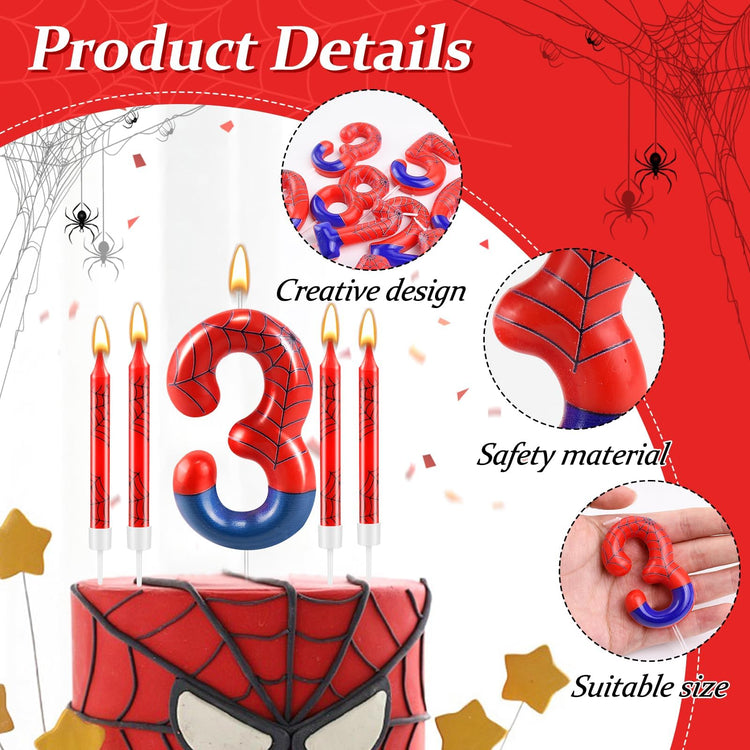 13 Pcs Spider Themed Birthday Candle Set Red Spider Theme Number 3 Candle Cake Topper for Boys Girls Birthday Decoration Spider Party Decoration Supplies (13 Count)