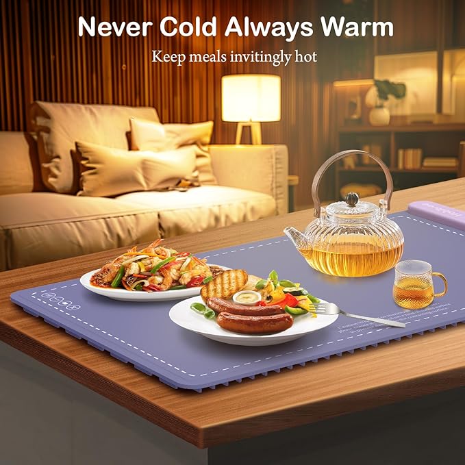 3-Pack Silicone Food Warming Mat & Food Warmers for Parties Buffet - Rapid Heating 6-Level Temp Control, Rollable Portable Easy Clean - Value Set for Gatherings & Home Daily UseοΌPurpleοΌ