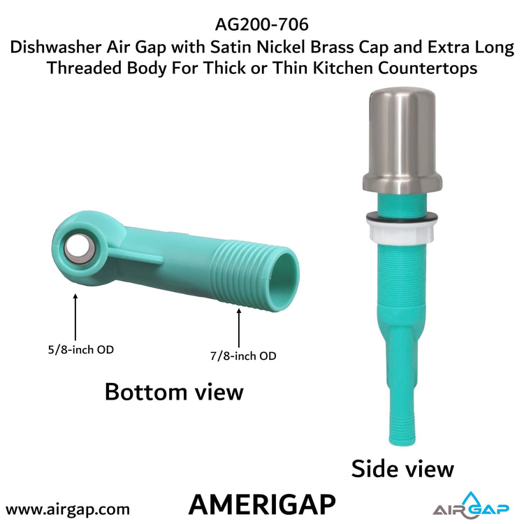 Dishwasher Air Gap with Skirted Satin Nickel Brass Cap and Extra Long Threaded Body for Thick or Thin Kitchen Countertops