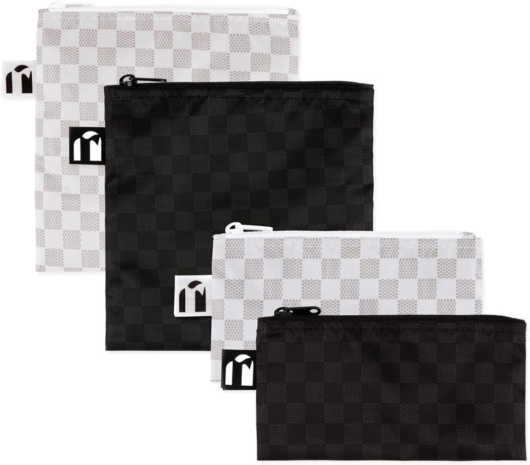 Roamio Reusable Sandwich and Snack Bags, for Kids School Lunch and for Adults Portion, Washable Fabric, Waterproof Cloth Zip Bag, Travel Pouch, Food-Safe Storage,4-pack Set Black Check and Off White
