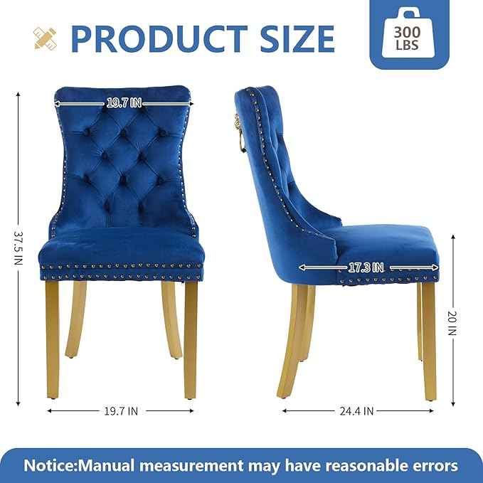Velvet Dining Chairs Set of 4, Modern Tufted Dining Room Chair, Upholstered Dining Chairs with Lion Head Pulls Ring and Golden Solid Wood Legs, Luxury Kitchen Chairs for Dining Room, Blue