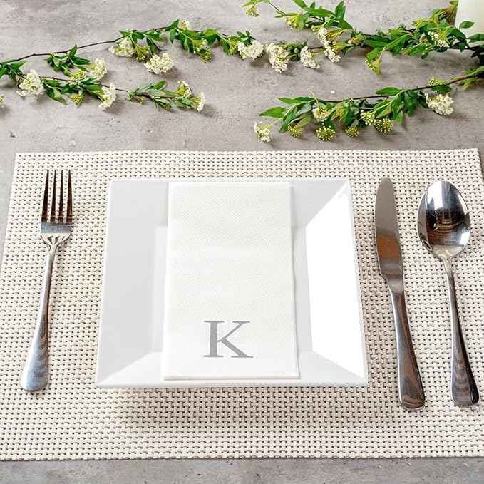 Luxenap 15.8 X 7.9 Inch Linen-Feel Guest Towels, 2000 Lettered Hand Towels - Silver Letter 'K', Sans Serif Font, White Paper Dinner Napkins, airlaid, For Restrooms And Tables - Restaurantware