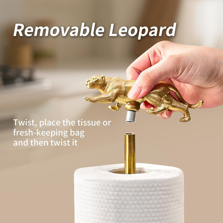 Gold Paper Towel Holder for Countertop, Vintage Brass Paper Holder for Kitchen, Bathroom, Dining Room, Non-Scratch Base & Detachable Leopard