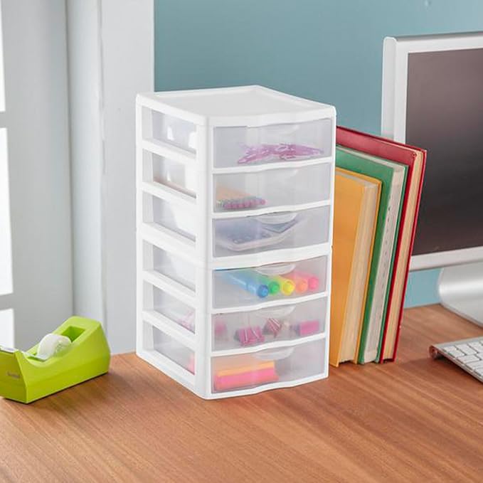Sterilite Clearview Plastic Multipurpose Small 3 Drawer Desktop Storage Organization Unit for Home, Classrooms, or Office Spaces, White, 6 Pack