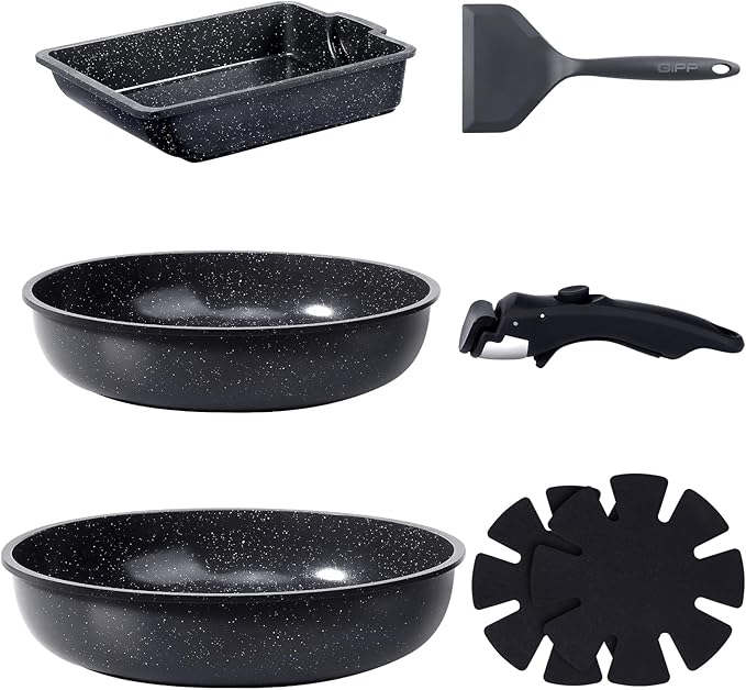 GiPP Ceramic Pots and Pans Set Non Stick, Nonstick Detachable Handle Cookware Sets, Non Toxic Induction Kitchen Pot and Pan with Removable Handle, Healthy RV Cookware, Dishwasher &Oven Safe, 7 Piece