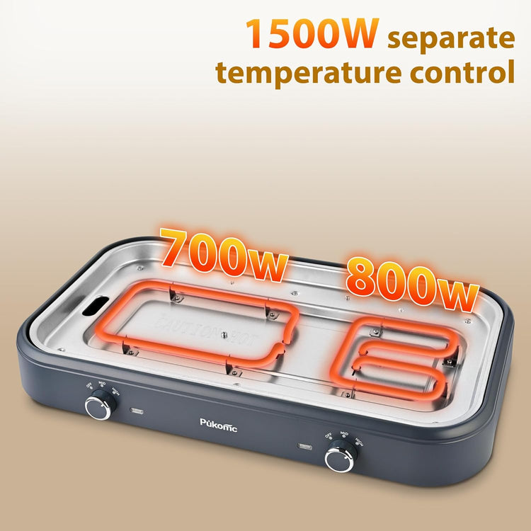 Pukomc Electric Hot Pot with Grill,2 in 1 Korean BBQ Grill Shabu Shabu Hot Po, 1500W / Temperature Control, Quick Heating Detachable Hot Pot and Baking Tray,gray