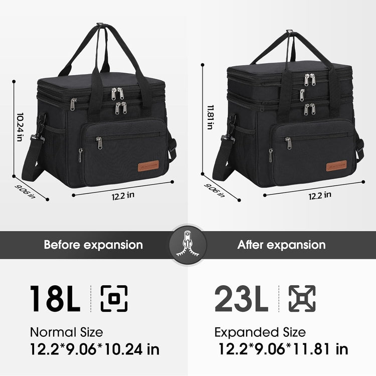 Maelstrom Lunch Box, 23L Insulated Lunch Bag, Expandable Double Deck Cooler Bag, Lightweight Leakproof Tote Bag With Side Tissue Pocket, Suit For Men and Women, Black