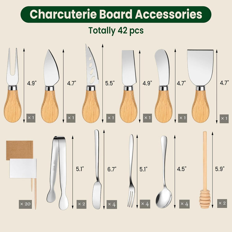 42 pcs Charcuterie Boards Accessories Cheese Knife Set with Wooden Handle, Charcuterie Utensils Gift with Butter Spreader, Forks, Spoons, Tongs, Honey Dipper and Tags for Party, Wedding