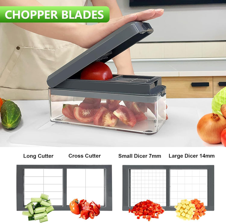 Vegetable Chopper, Onion Chopper Dicer, Mandoline Slicer, Food Chopper with Container, Vegetable Cutter for Salad Potato Carrot Garlic(9 Blades, Grey)