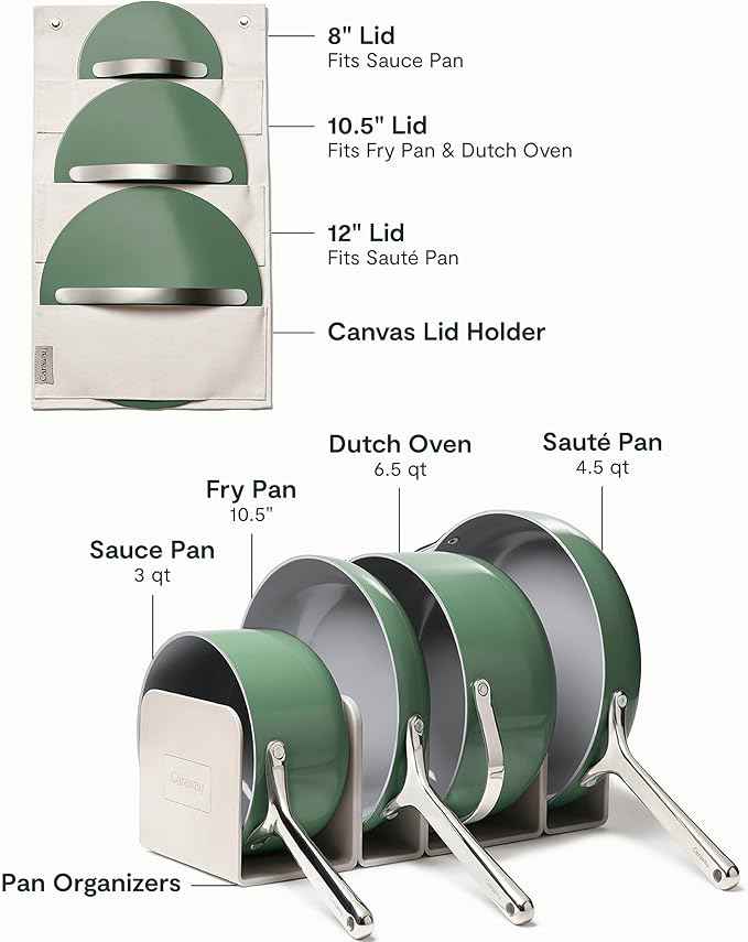 Caraway Non-stick Ceramic Cookware Set (12 Piece) Pots, Pans, Lids and Kitchen Storage - PFAS & PFOA Free - Oven Safe Pan Set & Compatible with All Stovetops - Sage