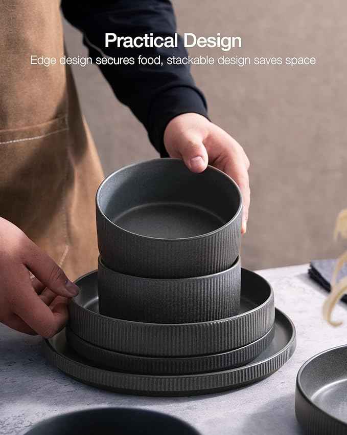 Famiware Star Dinnerware Set with Mugs, Service for 6 (24 Pieces), Ribbed Stoneware Plates and Bowls Dishes Sets - Chip & Scratch Resistant, Microwave & Dishwasher Safe, Matte Dark Charcoal